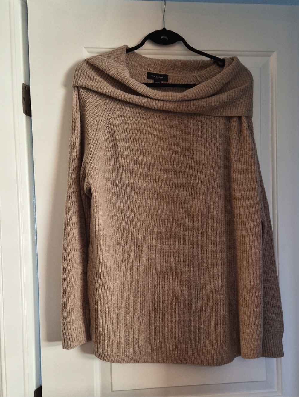 Tahari Beige Ribbed Off-Shoulder Sweater